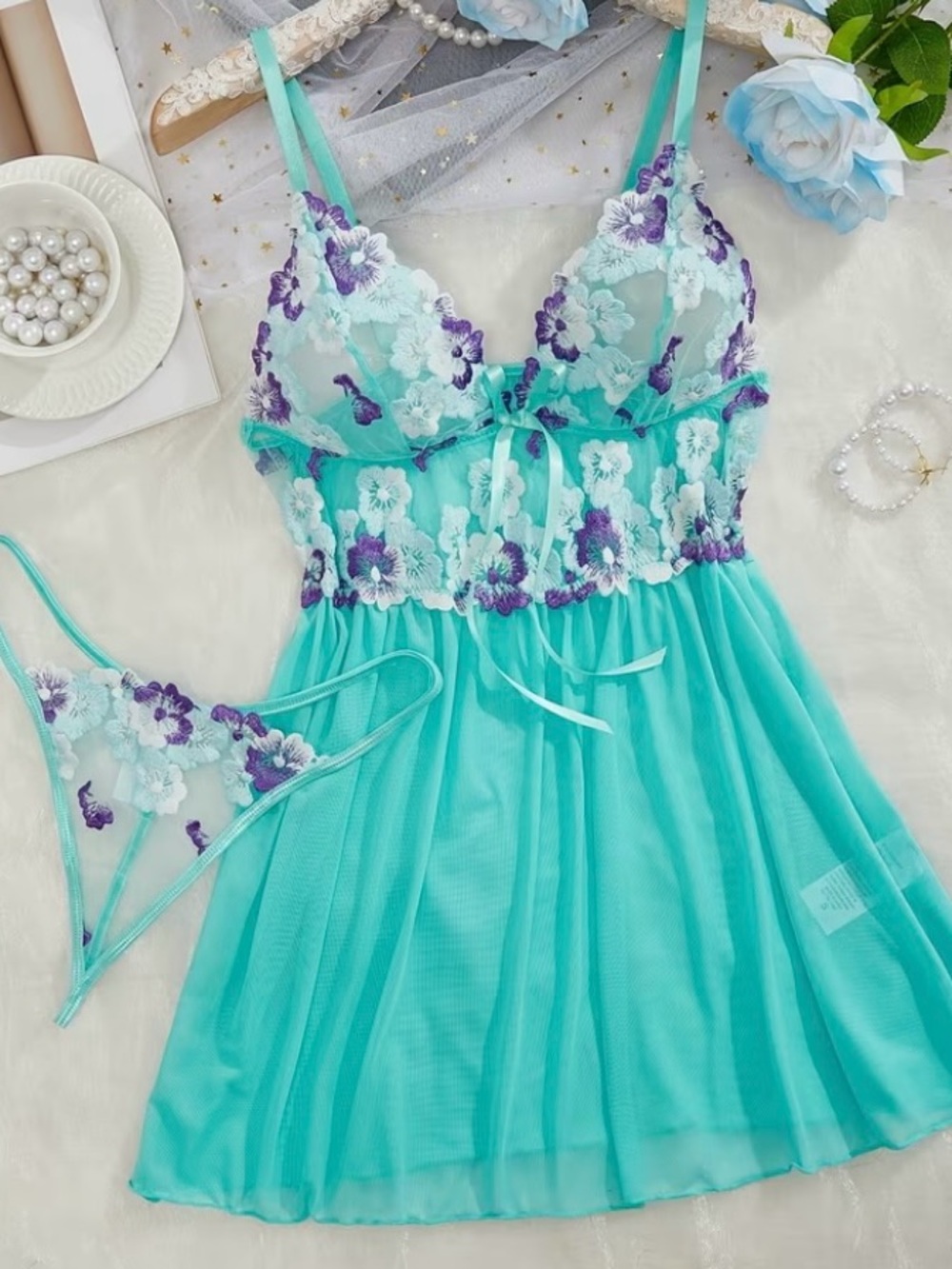 Embroidered Floral Two-Piece Set, Romantic Night, Comfortable Sleepwear